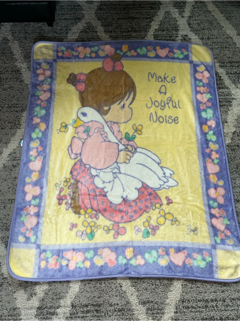 Precious moments throw blanket girl and goose a joyful noise pastel colors VTG